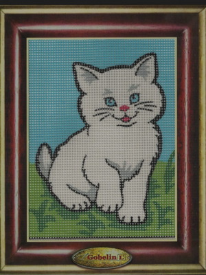 White Cat Embroidery Kit on Cotton Canvas