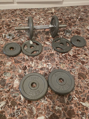 X fit dumbbell with 4x2.5 kg and 4x1.25 kg plates, 2 kg bar