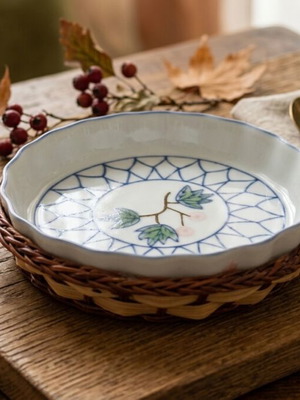 Porcelain plate with handmade woven base set, vintage