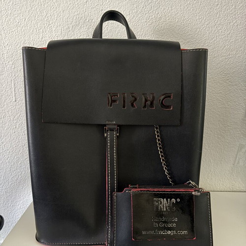 FRNC leather backpack used, black, handmade in Greece with chain wallet