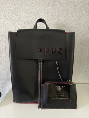 FRNC leather backpack used, black, handmade in Greece with chain wallet