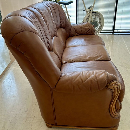 Leather three-seater sofa used, brown color