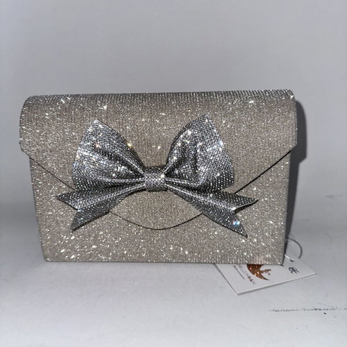 Silver evening clutch with sparkling bow, new