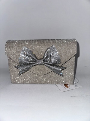 Silver evening clutch with sparkling bow, new
