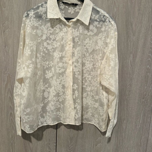 Zara sheer shirt unused with floral pattern, size M, white and beige