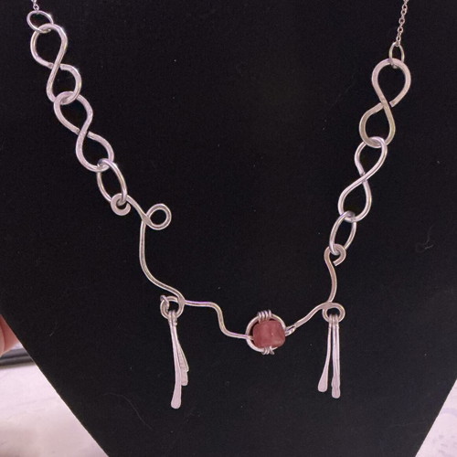 Necklace with strawberry quartz, non-tarnish metal, stainless steel chain