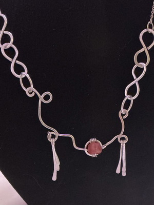 Necklace with strawberry quartz, non-tarnish metal, stainless steel chain