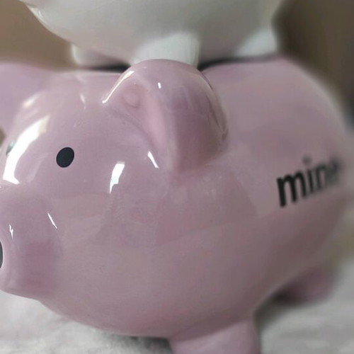 Yours & Mine piggy bank like new, white and pink colors