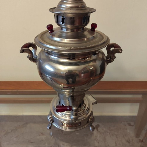 Vintage metal samovar SEVAL used with burgundy details