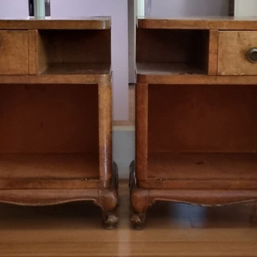 Vintage Art Deco nightstands used, walnut veneer, set of two