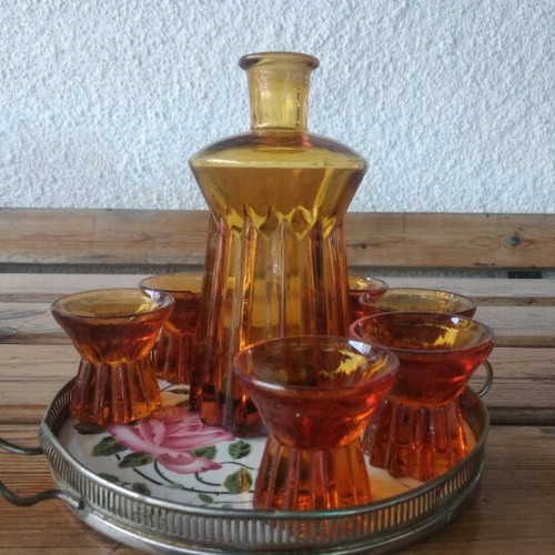 Göran Hongell vintage cocktail set used, amber crystal 1920s
