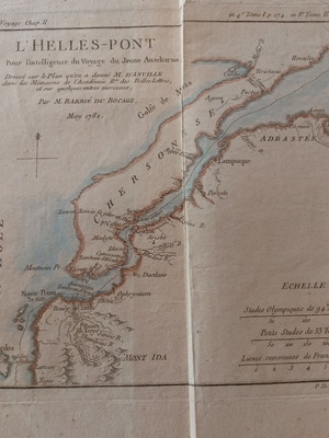 Χάρτης Ελλησπόντου στενών 1782 μεταχειρισμένος, χαλκογραφία επιχρωματισμένη 40x25cm