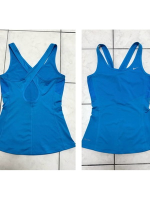 Nike dri fit open cross back fitted tank top like new, black and blue