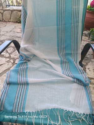 Scarf shawl like new white blue with silver threads and fringes 1.80x68cm