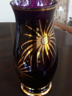 Glass vase used dark purple with gold sun decoration 25 cm