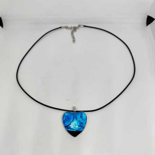 Handmade Heart Necklace with Blue Liquid Glass and Black Cord like new