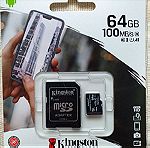  Kingston Micro SD 64 Gb Κάρτα Μνήμης TF Adapter 100MB/S Class 10 U1 Full HD