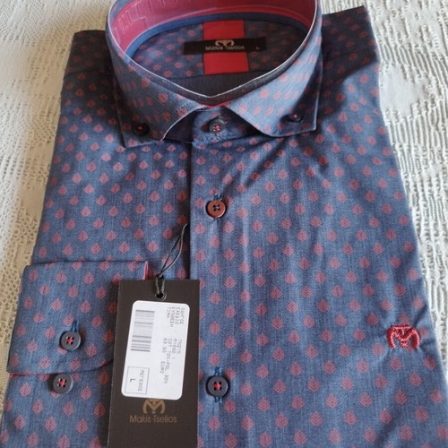 Makis Tselios men's dress shirt, blue with burgundy pattern, long sleeve