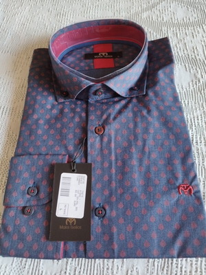 Makis Tselios men's dress shirt, blue with burgundy pattern, long sleeve