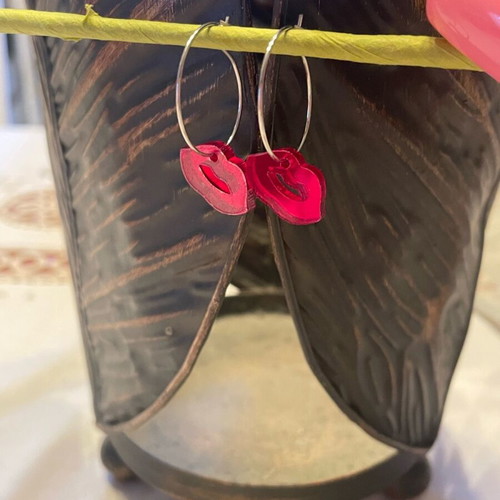 Red Lips Kisses earrings handmade new, small hoops with red lips design