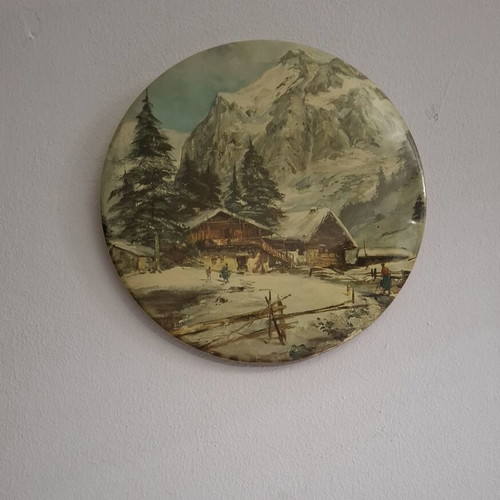 Vintage Metal Decorative Wall Plate Alpine Winter Landscape 24cm like new