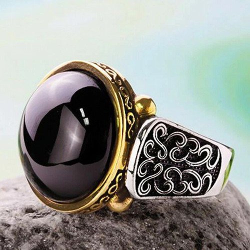 Women's ring with black opal new, silver plated, retro style