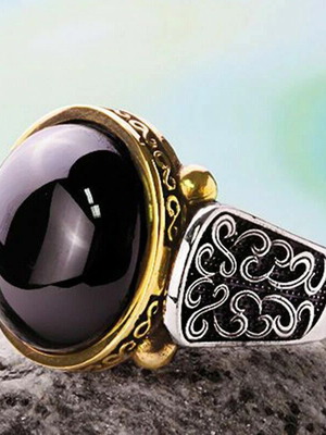 Women's ring with black opal new, silver plated, retro style