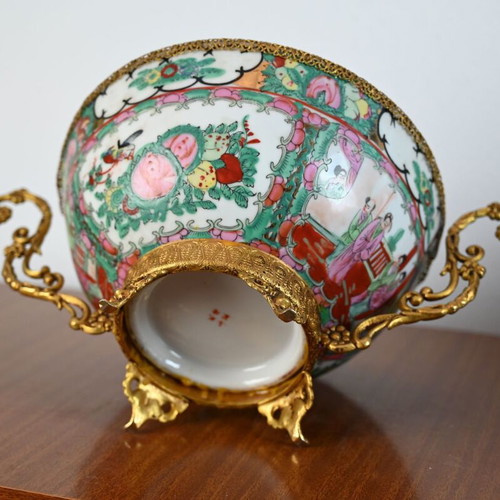 Rose Medallion Chinese porcelain bowl used with gilded brass handles and base