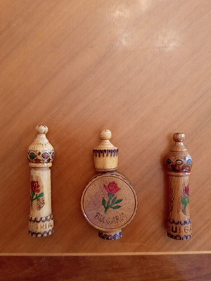 Vintage set of 3 authentic Bulgarian wooden rose oil bottles