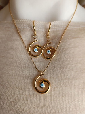 Handmade necklace and earrings set stainless steel gold plated with evil eyes and chain new