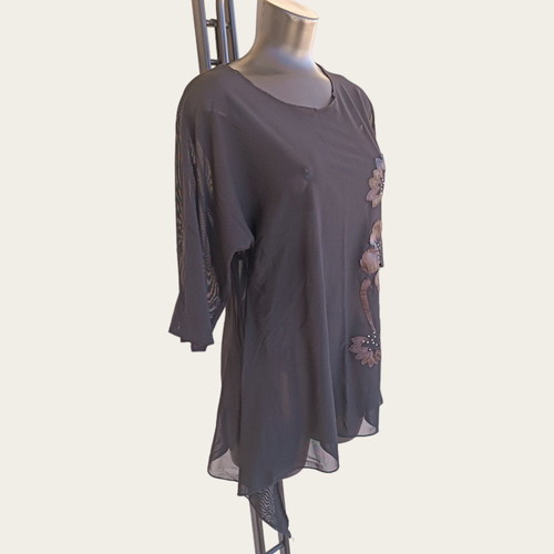 Black transparent blouse with black flower design and strass used, size L