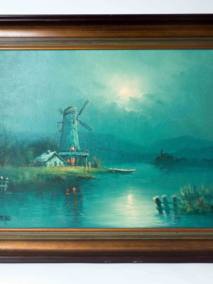 Tomoki Hitomi Oil Painting 1978 Night Landscape with Windmill used