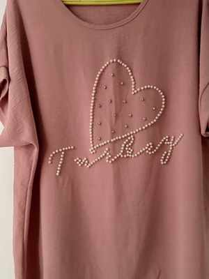 Women's T-shirt Dusty Pink with Embroidered Heart and Pearls like new