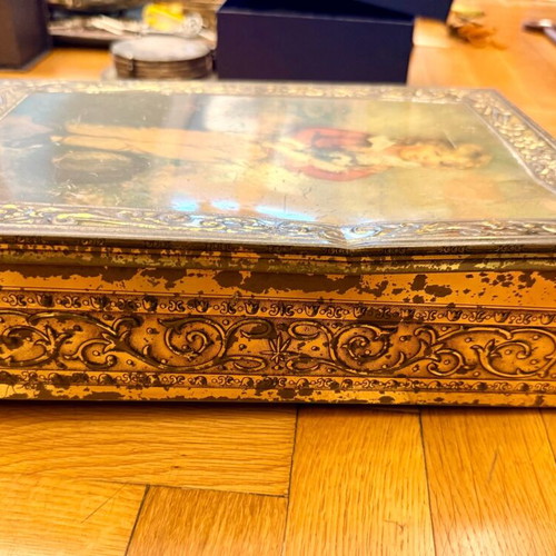 Vintage metal box with child lithograph used