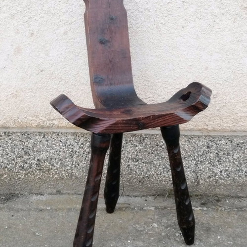 Spanish brutalist hand-carved oak chair used
