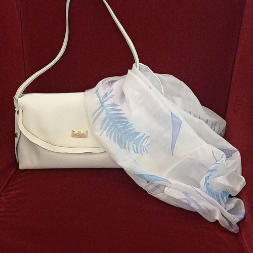 Silk scarf handmade new, white with painted leaves
