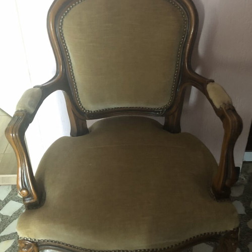 Classic French Louis XV style armchair like new, mustard velvet upholstery