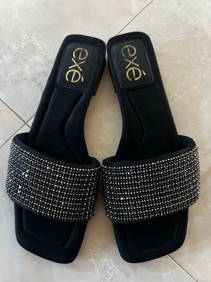 Exe black flat slippers with rhinestones, size 40