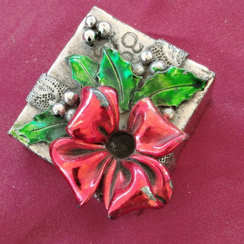 Decorative silver-plated box with red enamel flower and green leaves new