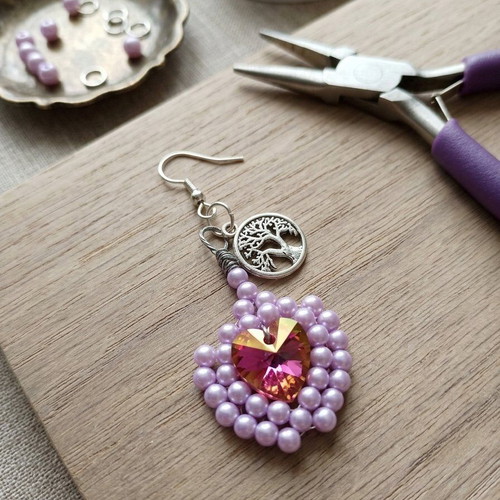 Sarita earrings new with pink Swarovski heart, tree of life and lavender pearls