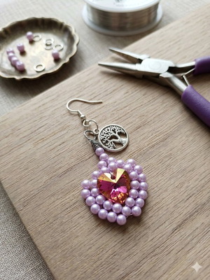 Sarita earrings new with pink Swarovski heart, tree of life and lavender pearls