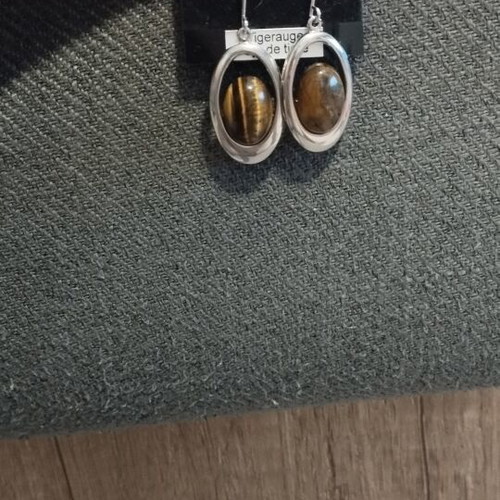 Bijou Brigitte Tiger's Eye Earrings, silver oval frame