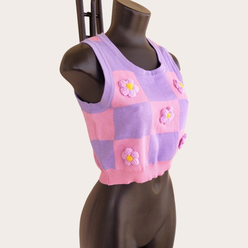 Daisy Street pink and purple knitted vest with 3D flowers new, size S/M
