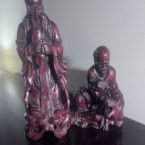 Vintage Chinese Handcrafted Wood Carved Figures Set of 2