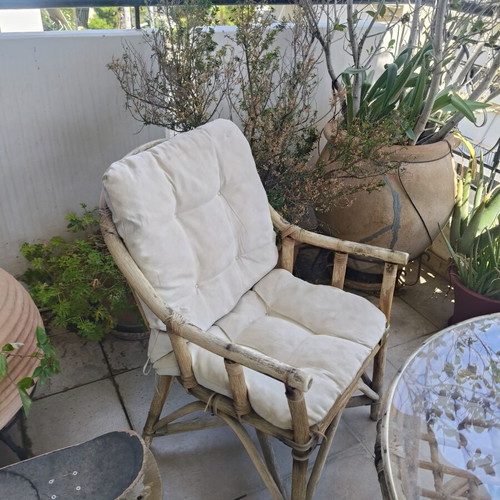 Bamboo balcony coffee lounge set with 2 armchairs and round glass table
