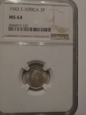 Ασημένιο Νότιος Αφρική 3pence 1943 NGC MS64 μεταχειρισμένο