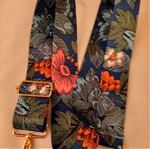 Λουράκι -Ιμάντας για τσάντα χιαστί με λουλούδια σε γαλάζιους τόνους