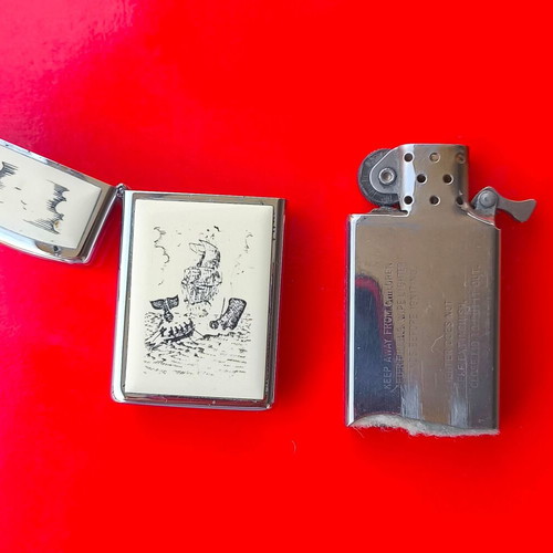 Zippo Slim Scrimshaw Ship & Whale Silver Original USA lighter used