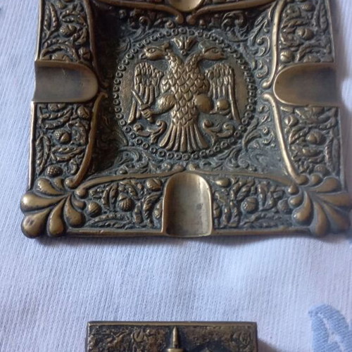 Brass ashtray and matchbox set used