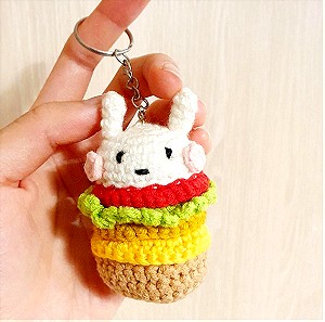 Handmade crochet bunny hamburger pendant key ring